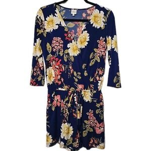 Kayleigh Blue Floral Stretch-Knit 3/4 Sleeve Romper Small S V-Neck Pockets